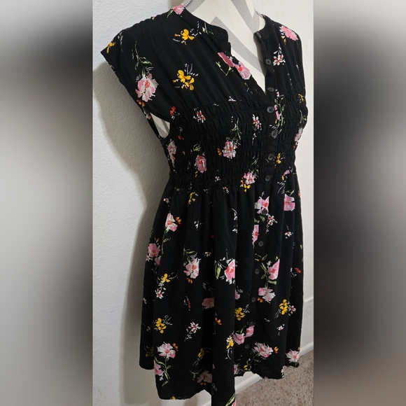 FREE PEOPLE Greatest Day Floral Dress Black Pink Yellow Smocked Waist Medium - Picture 5 of 16